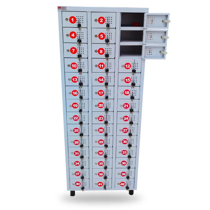 Armário para Celular e Porta Objetos em Aço com 42 Portas com Chave Cinza claro