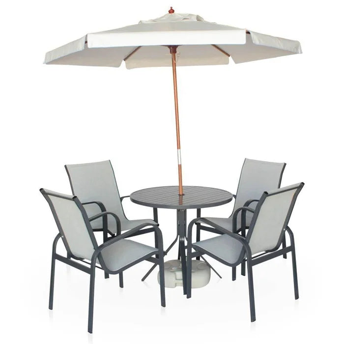 Conjunto 1 Mesa 4 Cadeiras em Alumínio 1 Ombrelone Branco de 2 Metro Graffite e Tela Café com Cinza