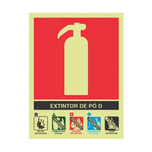 Placa Extintor Classe D com Descrição Fotoluminescente Certificada 15x20cm