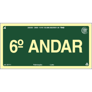 Placa Fotoluminescente S17 - 6º Andar - 20cm x 10cm