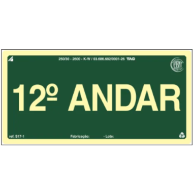Placa Fotoluminescente S17 - 12º Andar - 20cm x 10cm