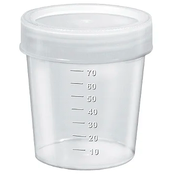 Coletor 80ml PP transparente tampa 14mm branca com pá embalagem industrial