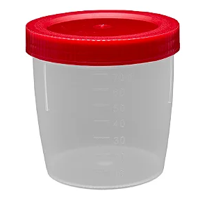Coletor PP transparente com tampa vermelha sem pá embalagem industrial 70ml