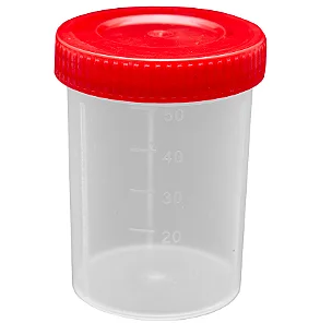 Coletor PP transparente com tampa vermelha sem pá embalagem industrial 50ml