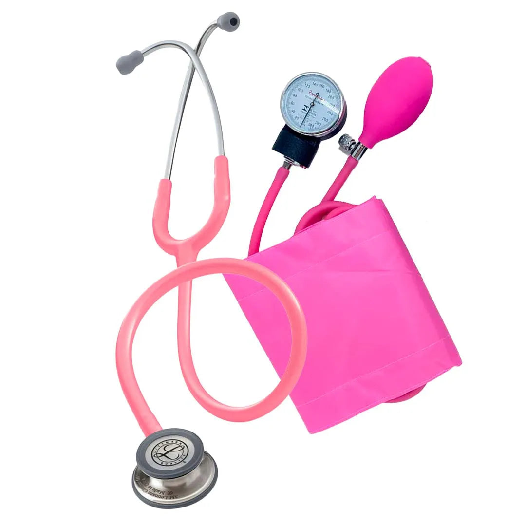 kit estetoscópio littmann classic iii 5633 rosa pérola 3m + aparelho de pressão adulto velcro rosa premium