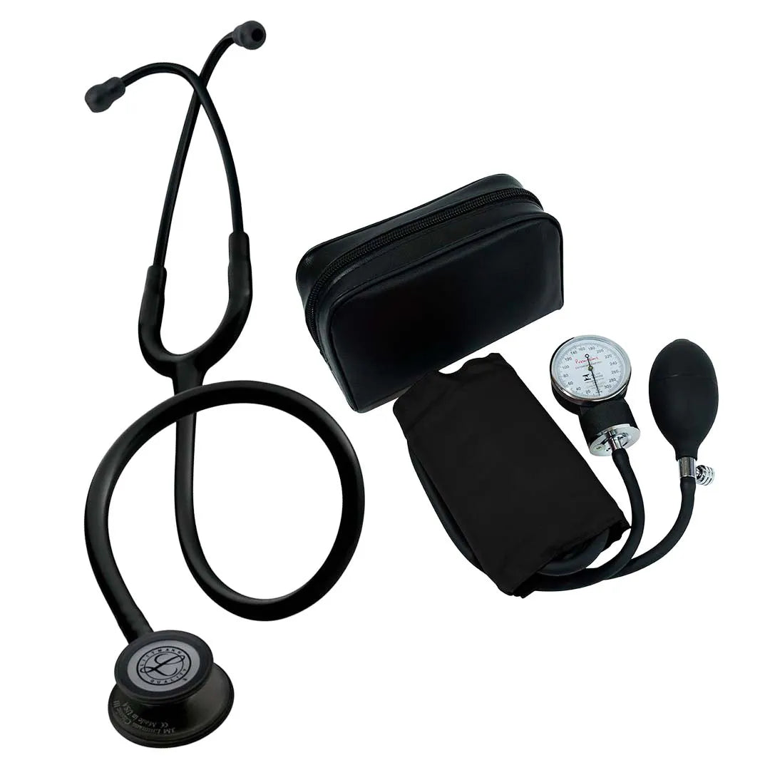 kit estetoscópio littmann classic iii 5803 black edition 3m + aparelho de pressão adulto velcro preto premium