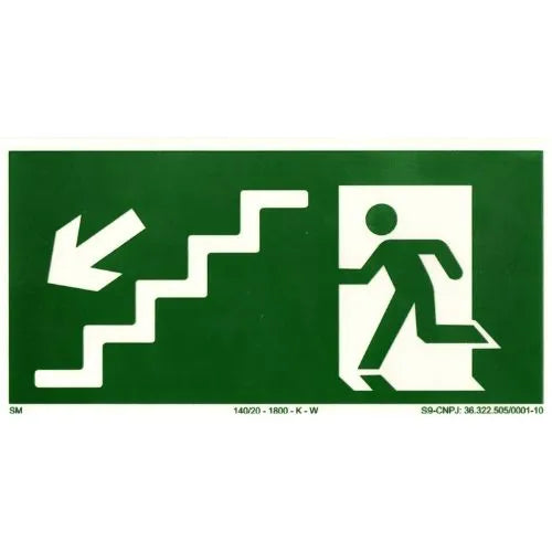 Placa Escada Descendo Esquerda Fotoluminescente Certificada 12x24cm