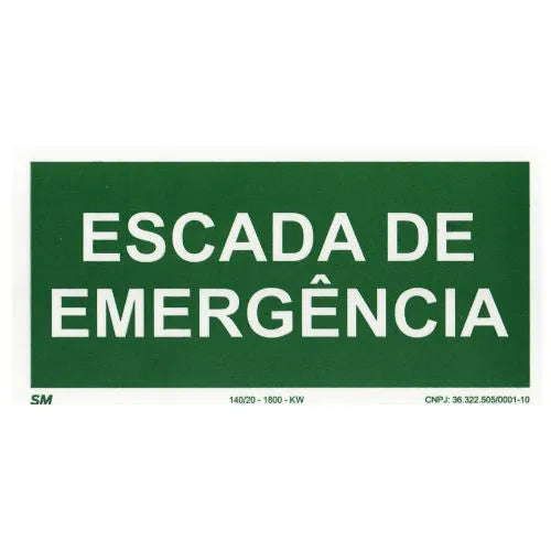Placa Escada de Emergência Fotoluminescente Certificada 12x24cm