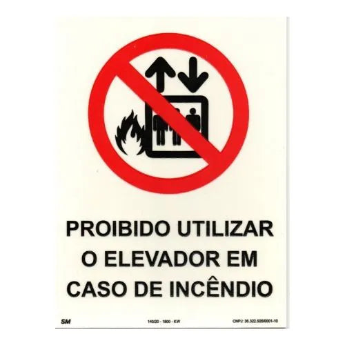 Placa Proibido Utilizar o Elevador em Caso de Incêndio Fotoluminescente Certificada 20x20cm