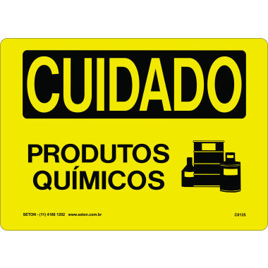 Placa de Sinalização Cuidado Produtos Químicos