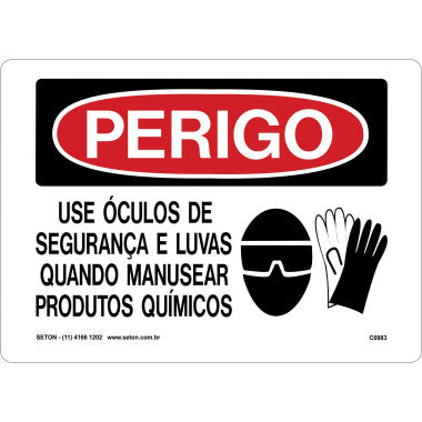 Placa de Perigo: Use Óculos e Luvas ao Manusear Produtos Químicos