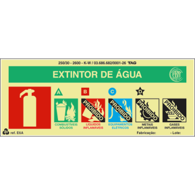 Placa Fotoluminescente para Extintor de Água - 20cm x 8cm