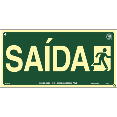 Placa Fotoluminescente S13 - Sinalização de Saída 15cm x 30cm